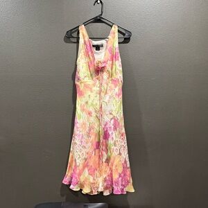 Anne Klein floral Sleeveless Dress 100% silk rosette tuft